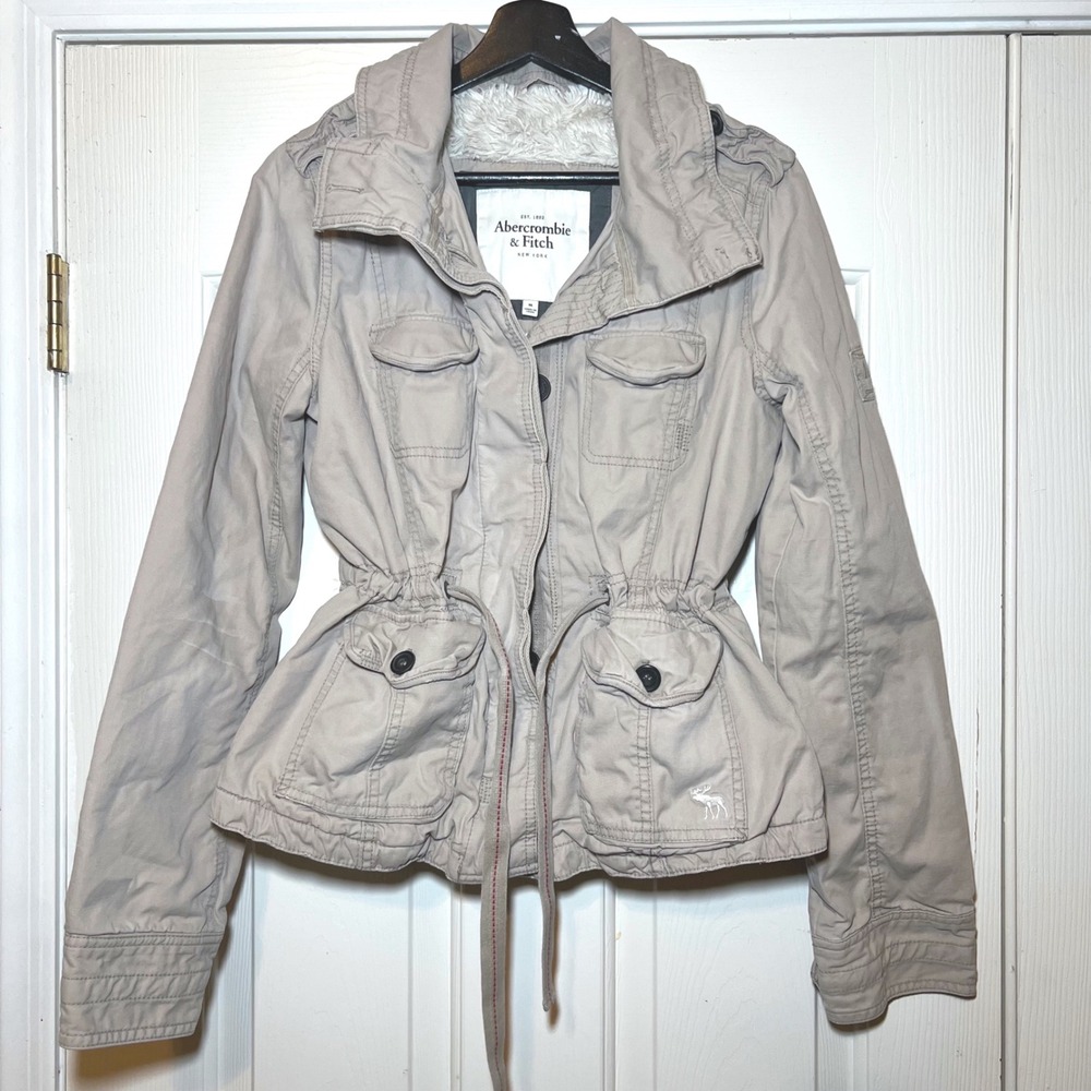 Abercrombie & Fitch Y2K Faux Fur Lined Military Jacket Waist Cinch Size Medium